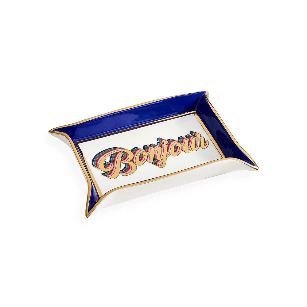 Jonathan Adler Bonjour Valet‎ Tray Porcelain Gold Accents Blue White NWB